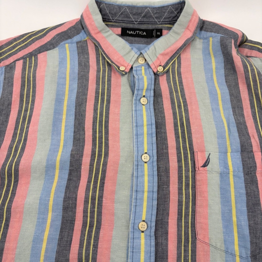 Nautica Mens XXL Short Sleeve Linen Cotton Striped Button Down Shirt Multi-Color